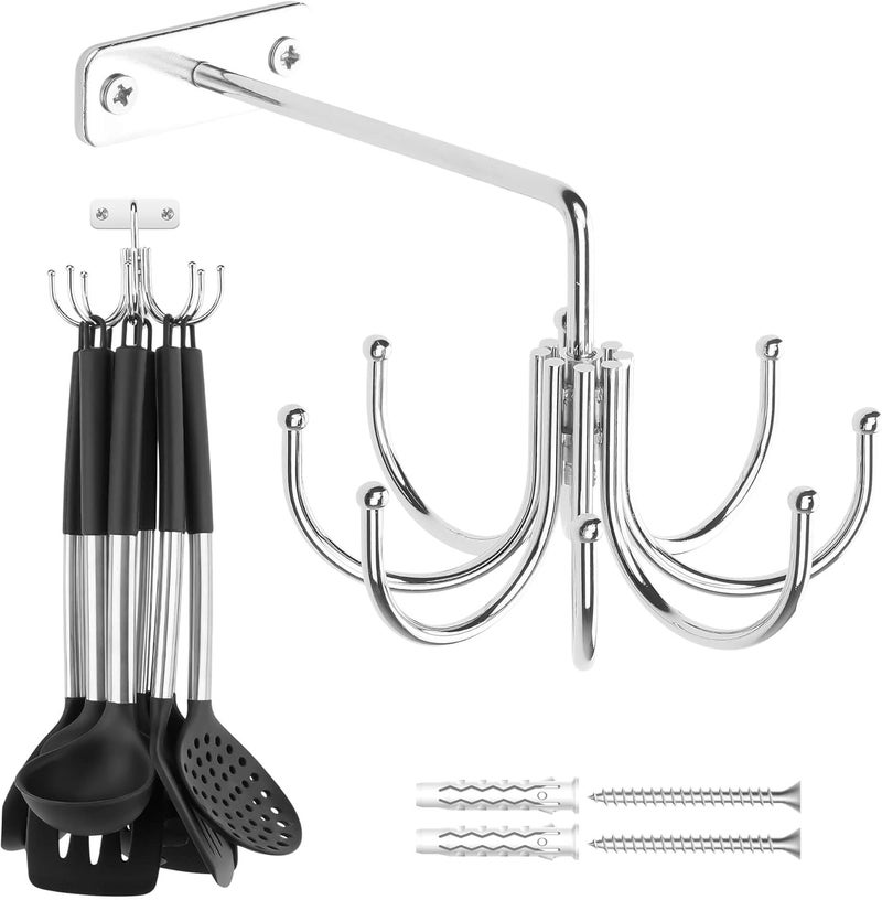 ZEDODIER Kitchen Cooking Utensil Holder, 360° Rotating Kitchen Hooks for Hanging Utensils, Heavy Duty Metal Utensil Rack with 8 Storage Capacity for Utensil, Towel, Pot, Glove, Aprons, Silver - Image 1